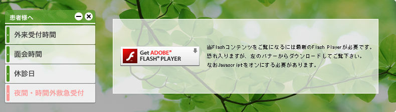 当Flashコンテンツをご覧になるには最新のFlash Playerが必要です。恐れいりますが、左のバナーからダウンロードしてご覧ください。なおJavascriptをオンにする必要があります。